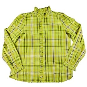 LOFT Shirt Womens Medium Yellow Plaid Ruffle Trim Button Up Long Sleeve Academia